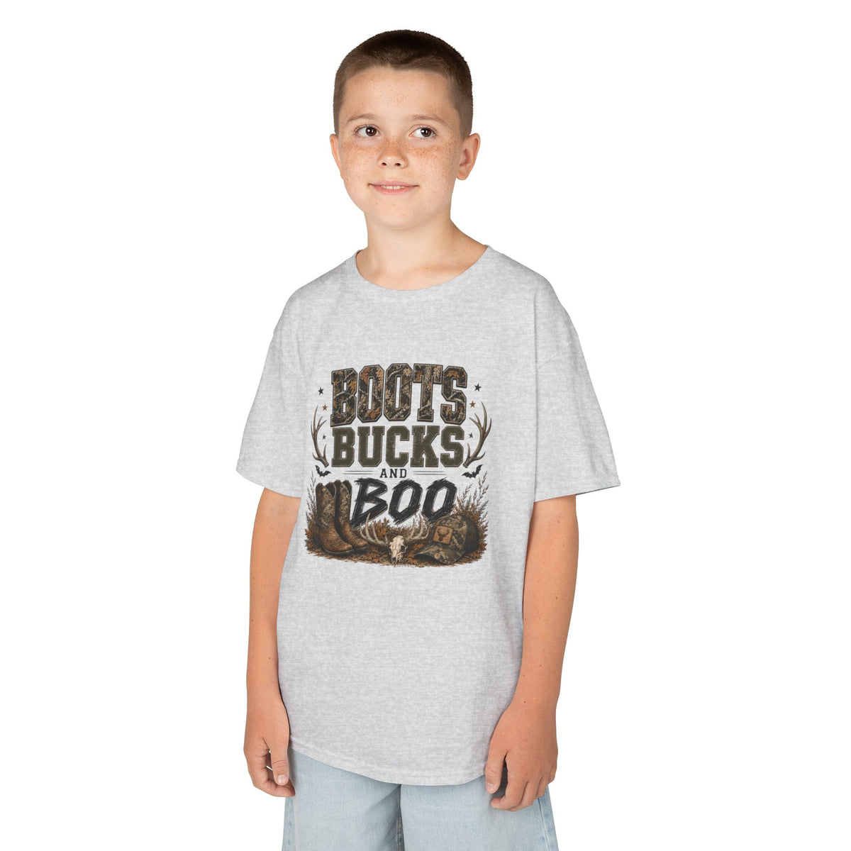 Youth 'Boots Bucks and Boo' Graphic Tee — Cute Hunting & Halloween Kid Shirt