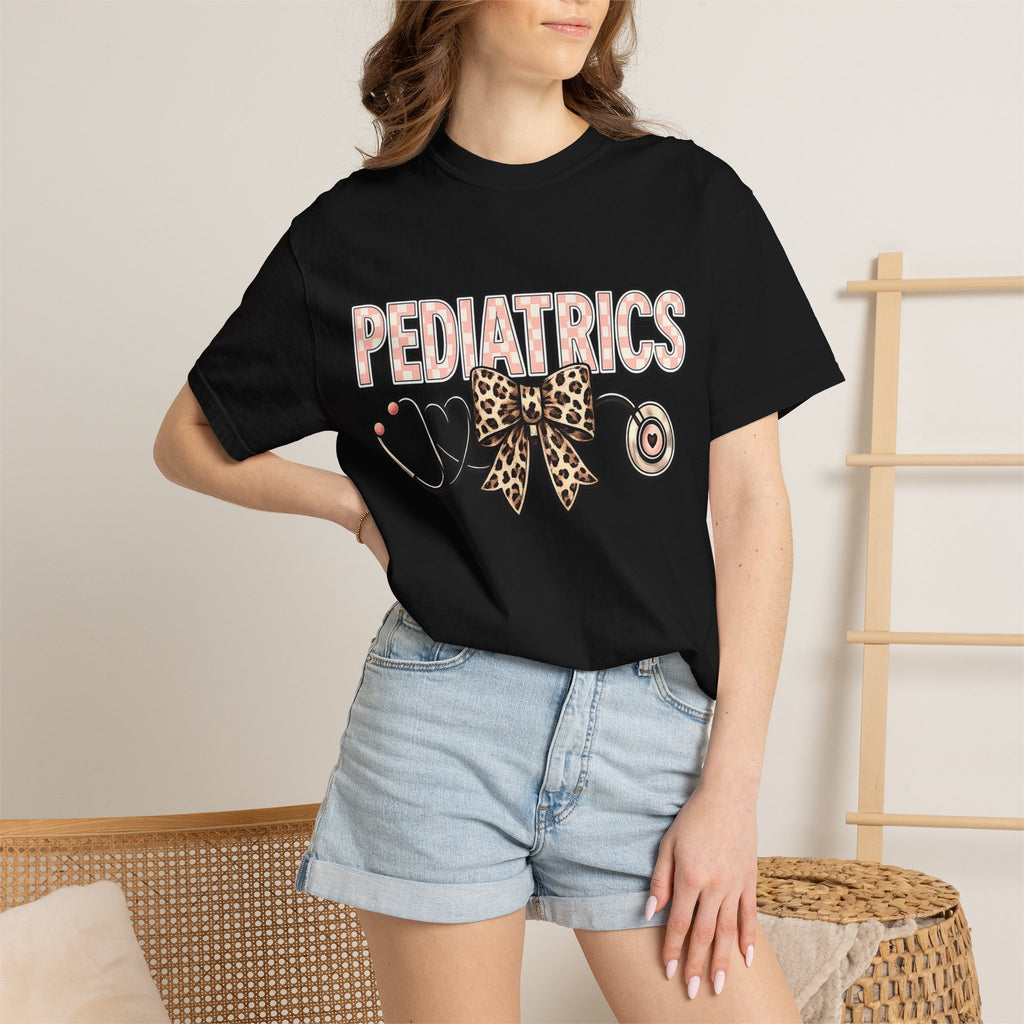 Pediatrics T-Shirt with Leopard Bow & Stethoscope — Cute Medical Tee for Pediatric Nurses/Doctors