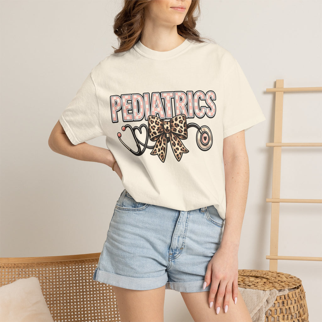 Pediatrics T-Shirt with Leopard Bow & Stethoscope — Cute Medical Tee for Pediatric Nurses/Doctors