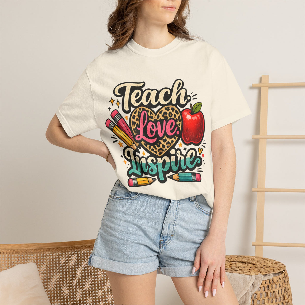 Teacher “Teach Love Inspire” T‑Shirt — Apple & Pencils Teacher Appreciation Tee