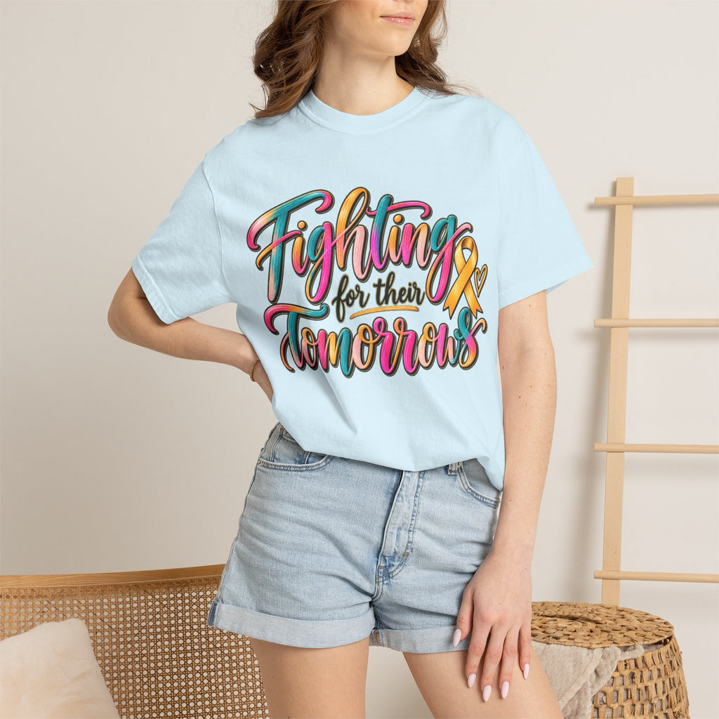 Women Comfort Colors Fighting for Their Tomorrows T-Shirt — Childhood Cancer Awareness Ribbon Tee