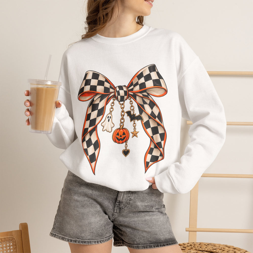 Women Halloween Checkered Bow Sweatshirt — Pumpkin & Ghost Charm Crewneck