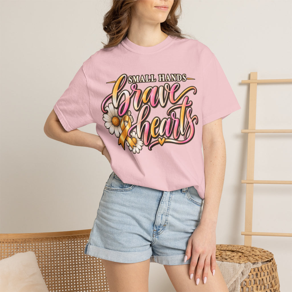 Women Comfort Colors Brave Hearts T-Shirt — "Small Hands, Brave Hearts" Floral Awareness Tee