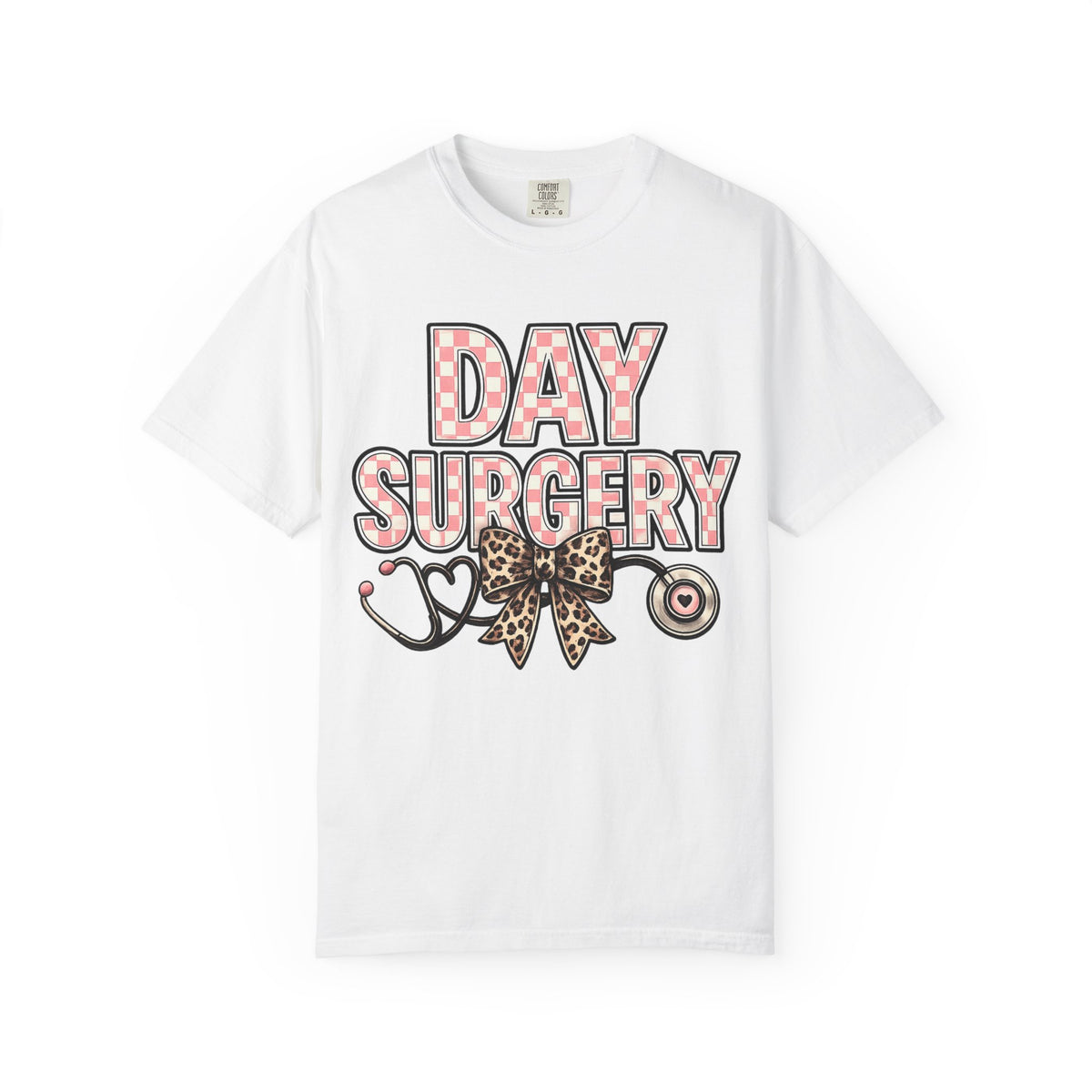 Day Surgery Nurse T‑Shirt — Pink Plaid & Leopard Bow Stethoscope Tee