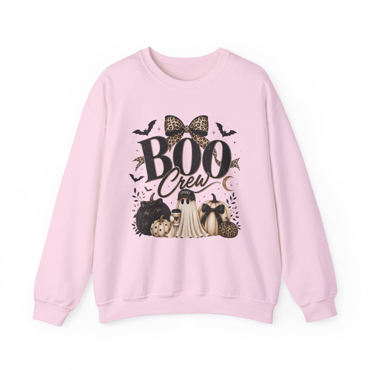 Women Boo Crew Halloween Sweatshirt — Cute Ghosts & Leopard Bow Fall Crewneck