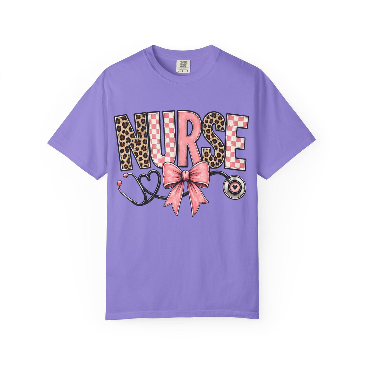 Nurse Pink Leopard Bow T-Shirt — Stethoscope Heart Graphic for Nurses