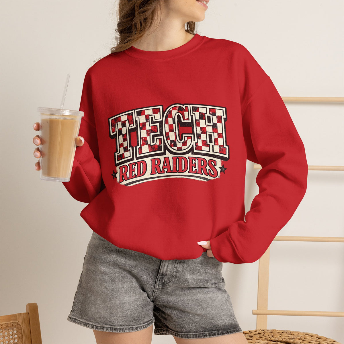 Women Tech Red Raiders Retro Plaid Crewneck