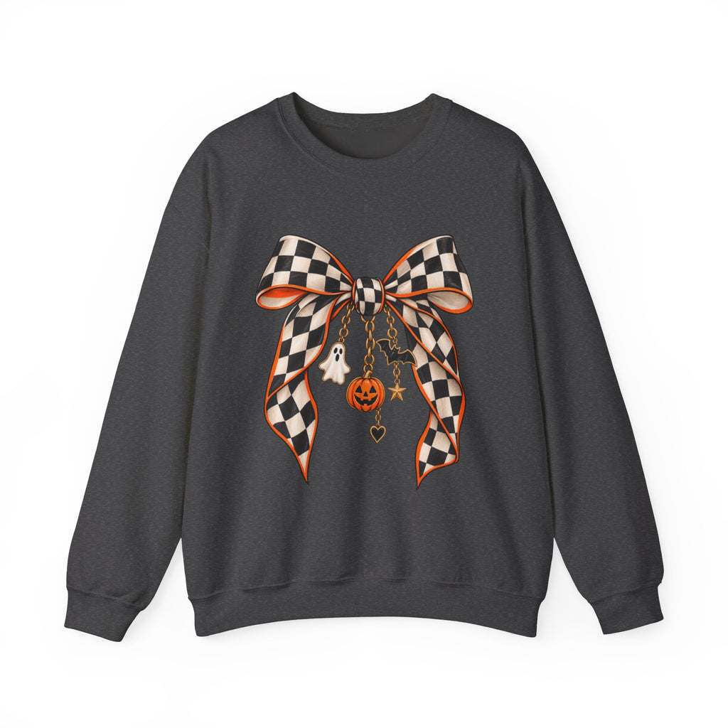 Women Halloween Checkered Bow Sweatshirt — Pumpkin & Ghost Charm Crewneck