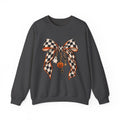 Women Halloween Checkered Bow Sweatshirt — Pumpkin & Ghost Charm Crewneck