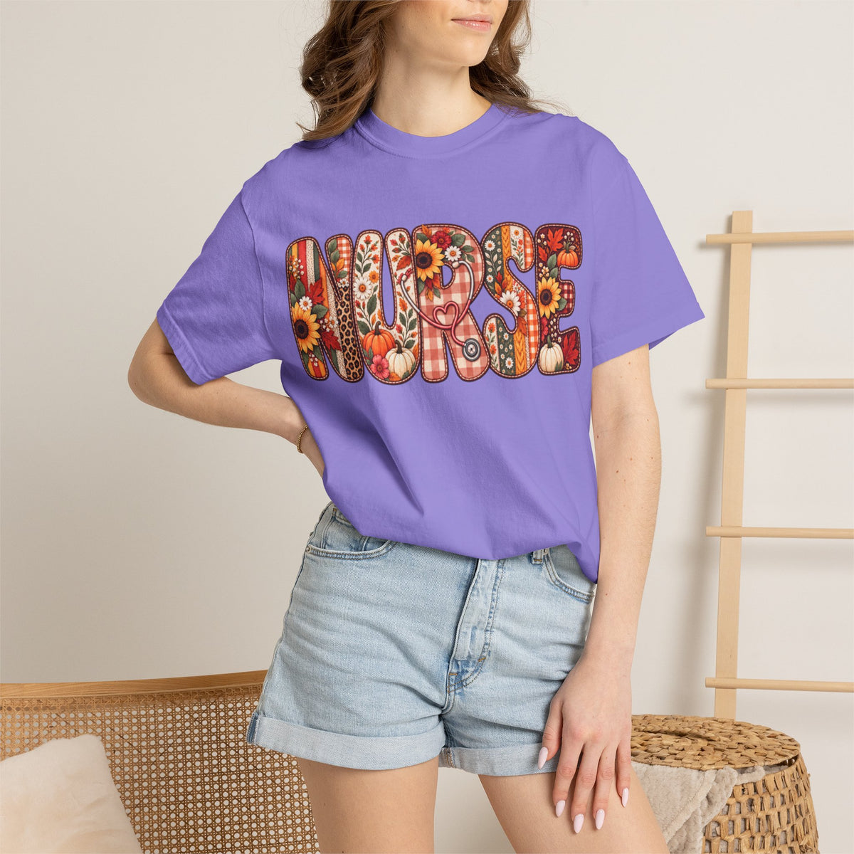 Women Comfort Colors Nurse Floral Graphic T-Shirt