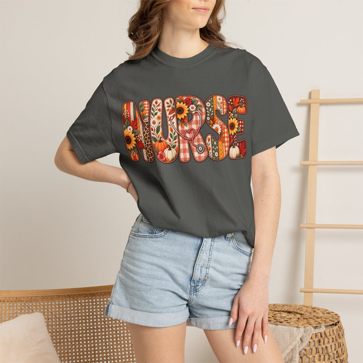 Women Comfort Colors Nurse Floral Graphic T-Shirt