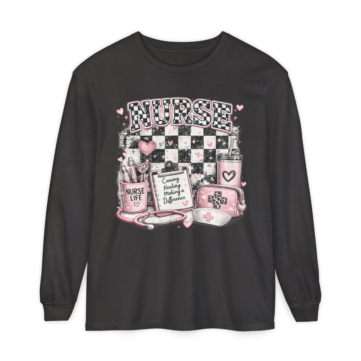 Nurse Life Long Sleeve Tee — Pink Checkerboard