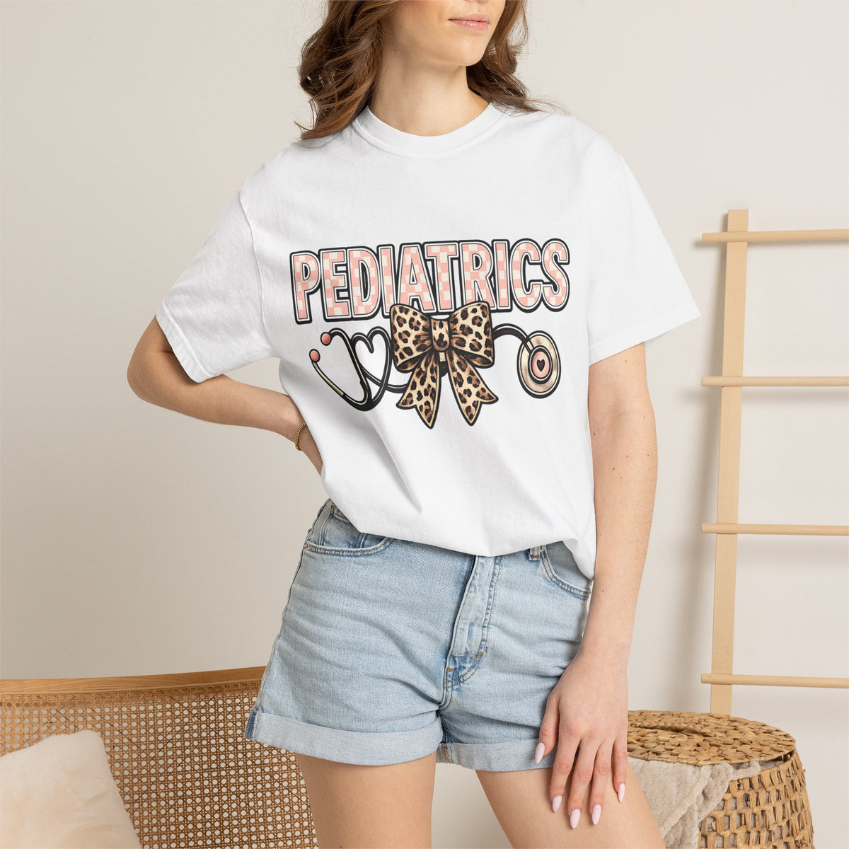 Pediatrics T-Shirt with Leopard Bow & Stethoscope — Cute Medical Tee for Pediatric Nurses/Doctors