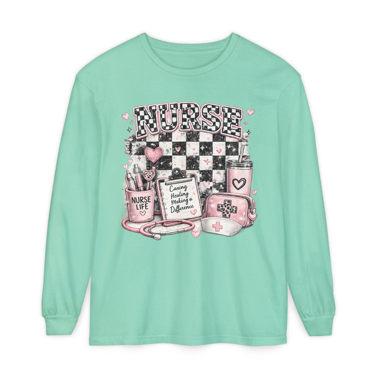 Nurse Life Long Sleeve Tee — Pink Checkerboard