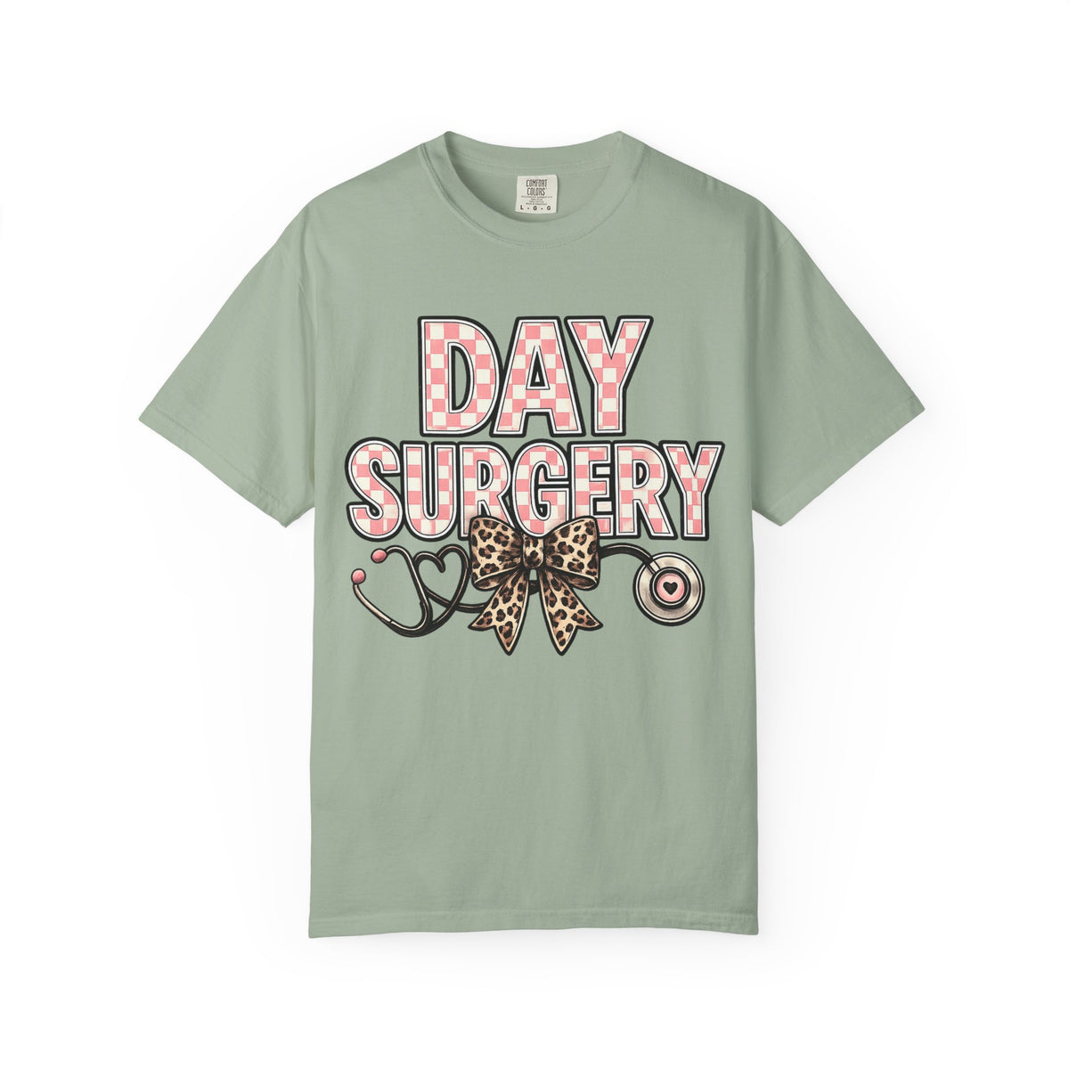 Day Surgery Nurse T‑Shirt — Pink Plaid & Leopard Bow Stethoscope Tee