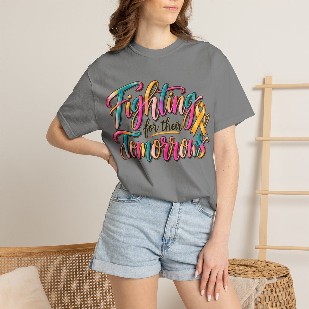 Women Comfort Colors Fighting for Their Tomorrows T-Shirt — Childhood Cancer Awareness Ribbon Tee