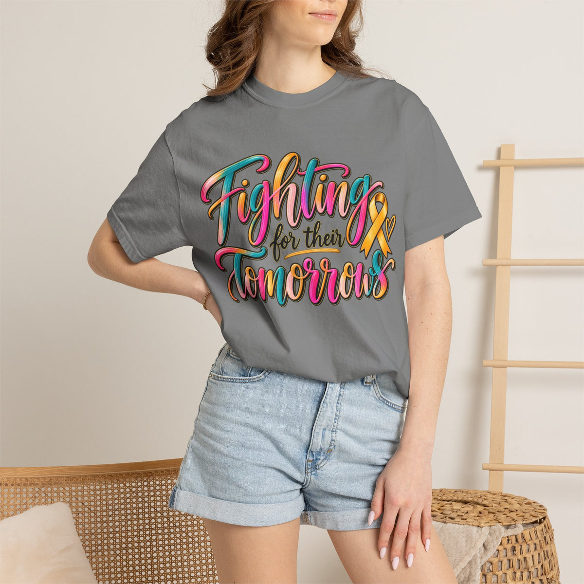 Women Comfort Colors Fighting for Their Tomorrows T-Shirt — Childhood Cancer Awareness Ribbon Tee