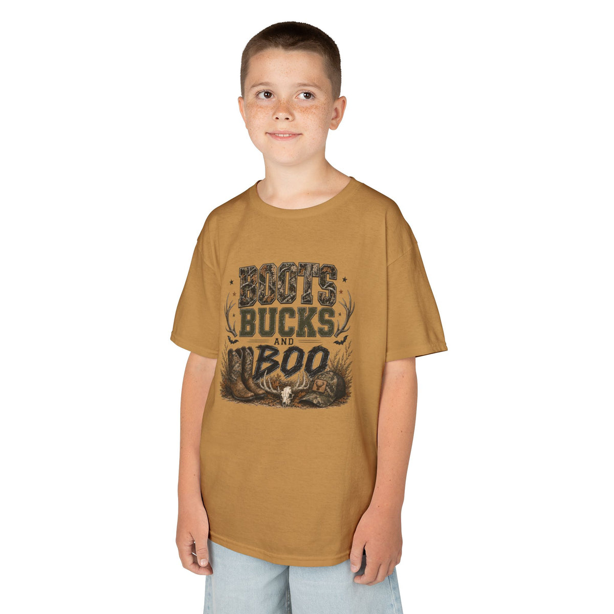Youth 'Boots Bucks and Boo' Graphic Tee — Cute Hunting & Halloween Kid Shirt