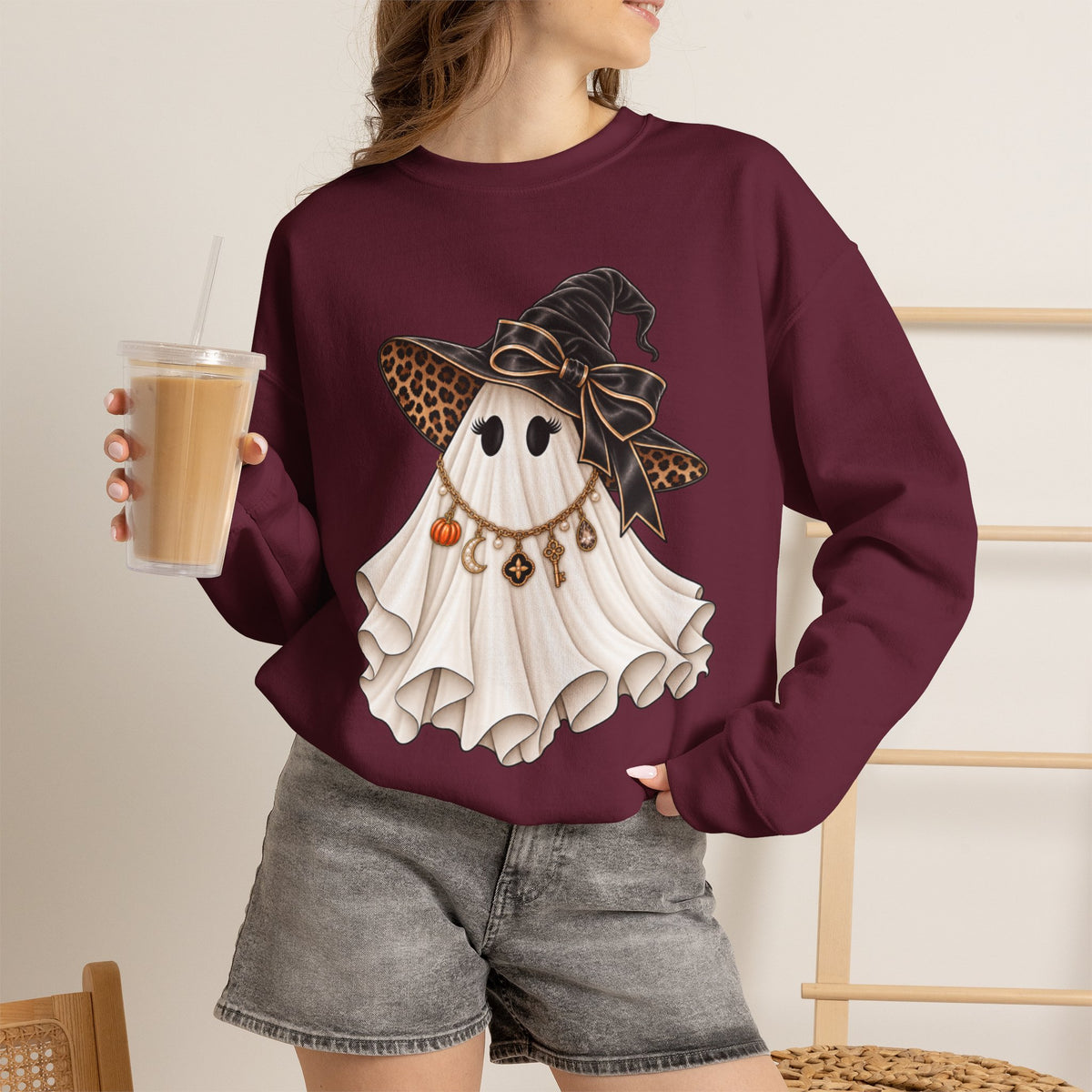 Women Halloween Ghost with Witch Hat Sweatshirt