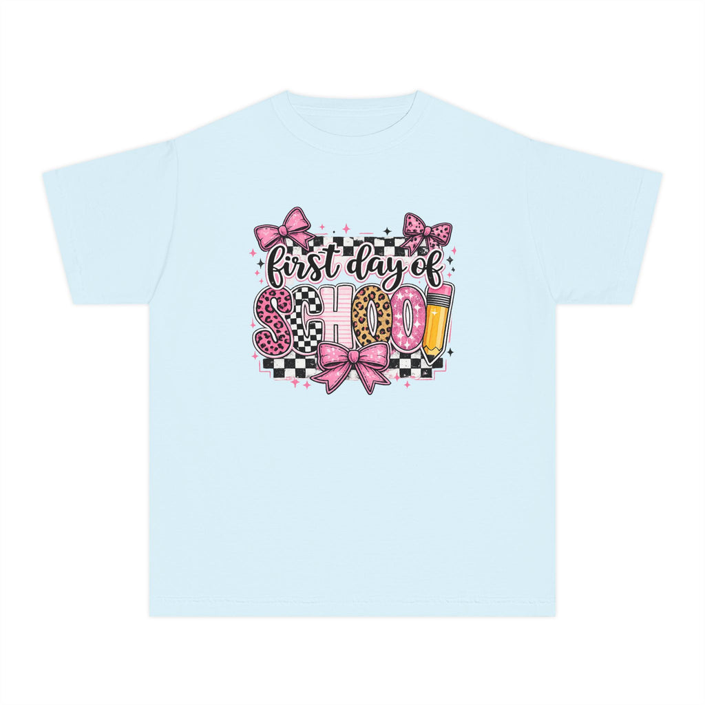 First Day of School Youth Tee — Pink Bow Checkerboard Back-to-School Shirt