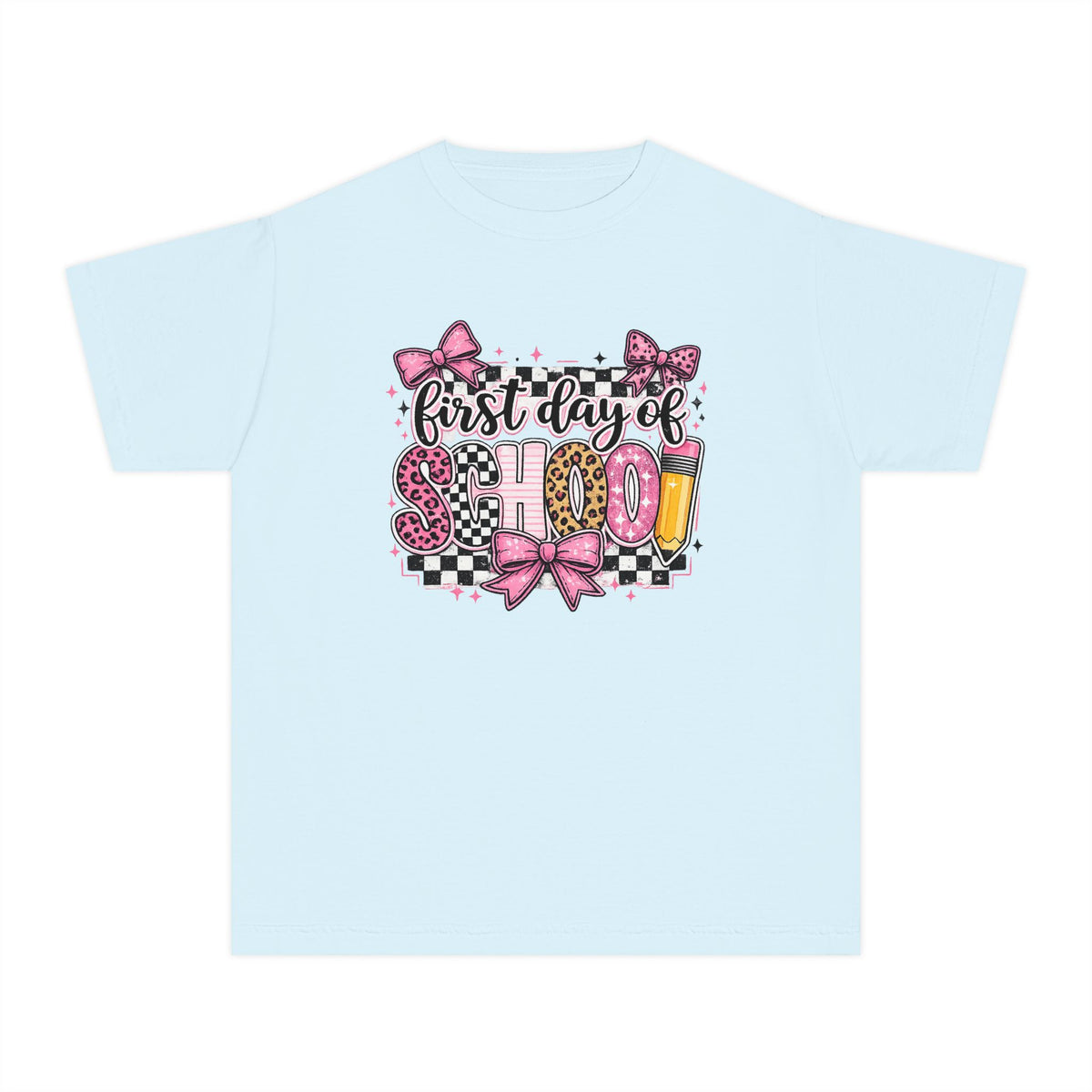 First Day of School Youth Tee — Pink Bow Checkerboard Back-to-School Shirt