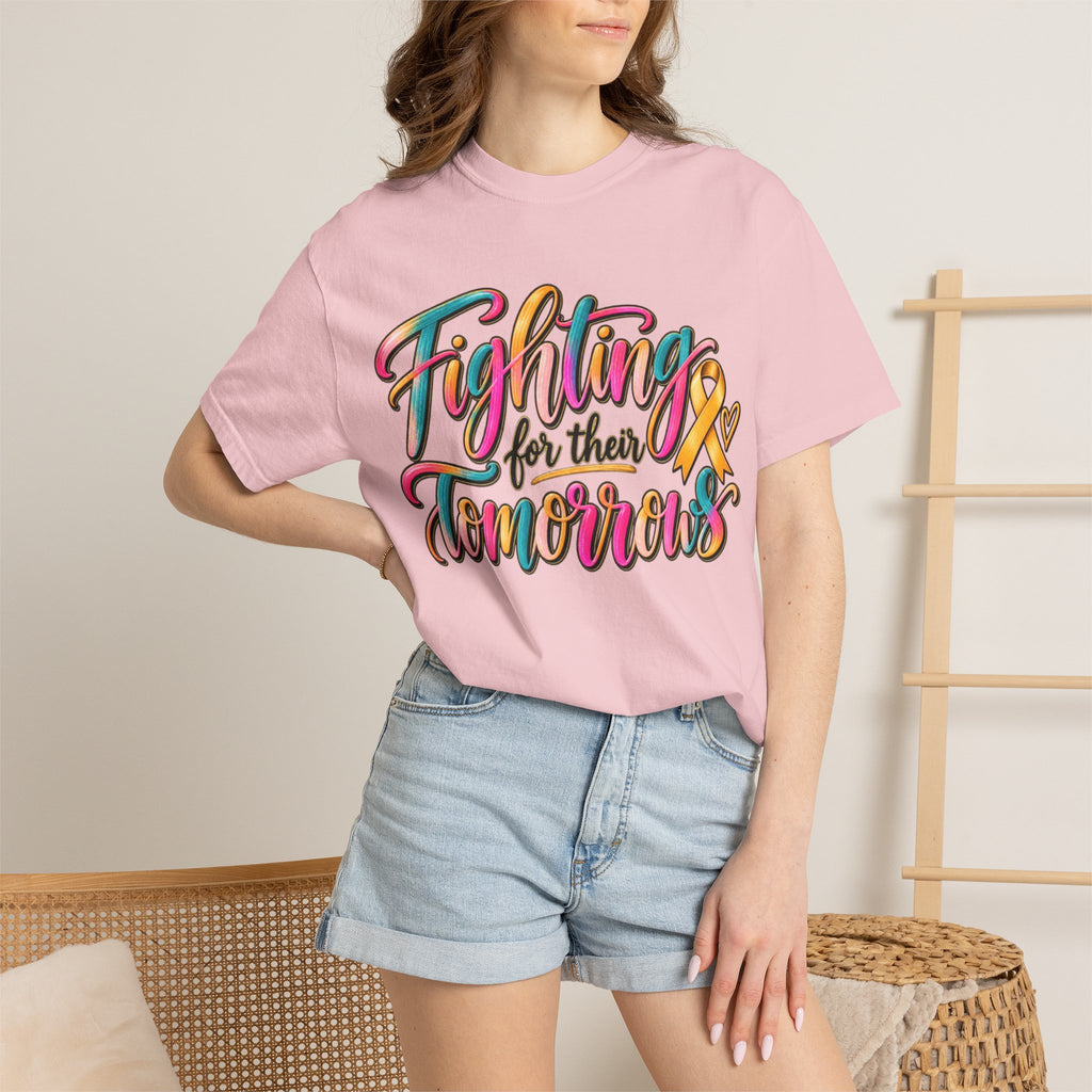 Women Comfort Colors Fighting for Their Tomorrows T-Shirt — Childhood Cancer Awareness Ribbon Tee