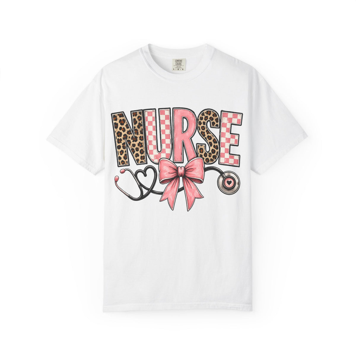 Nurse Pink Leopard Bow T-Shirt — Stethoscope Heart Graphic for Nurses