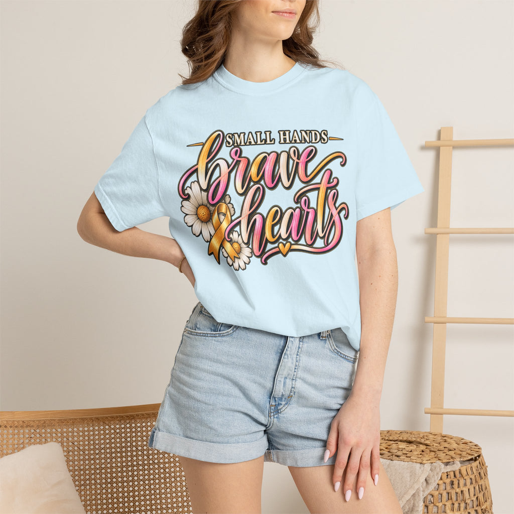 Women Comfort Colors Brave Hearts T-Shirt — "Small Hands, Brave Hearts" Floral Awareness Tee