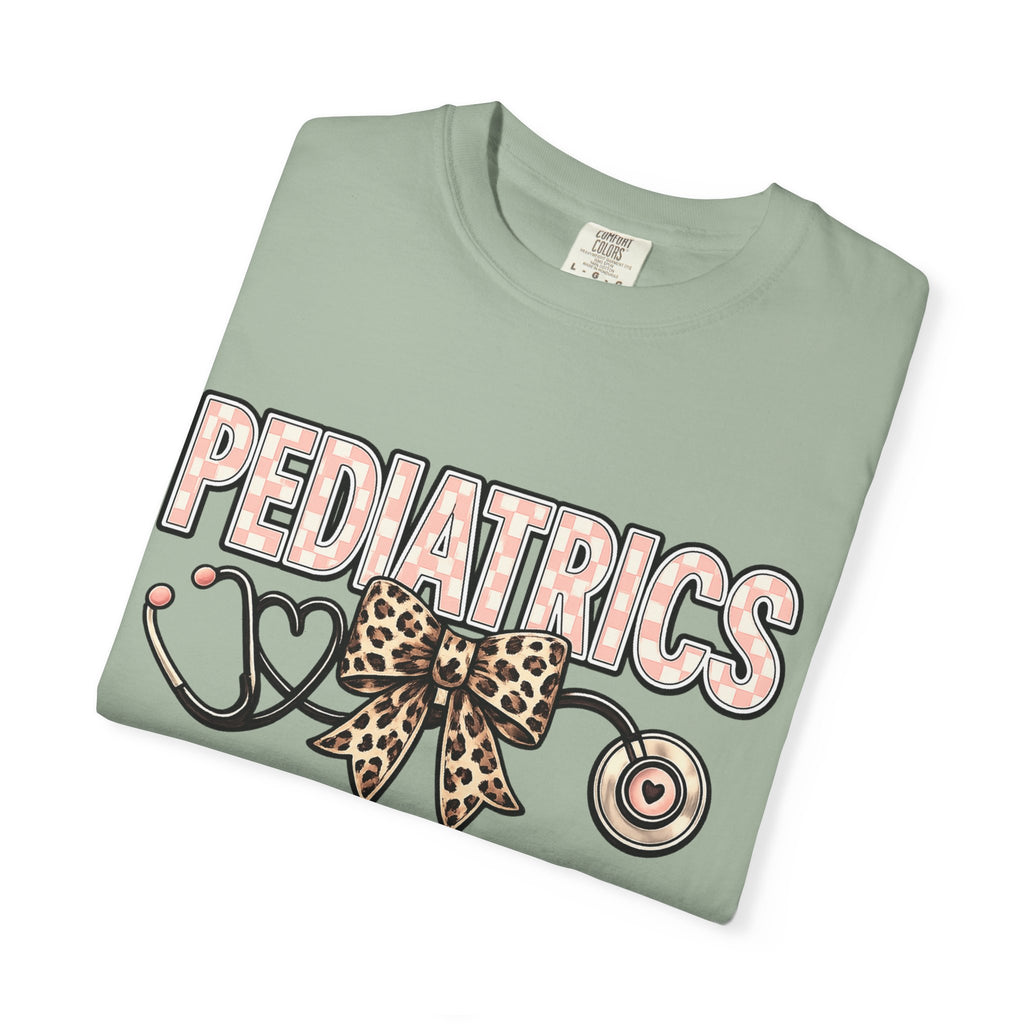Pediatrics T-Shirt with Leopard Bow & Stethoscope — Cute Medical Tee for Pediatric Nurses/Doctors