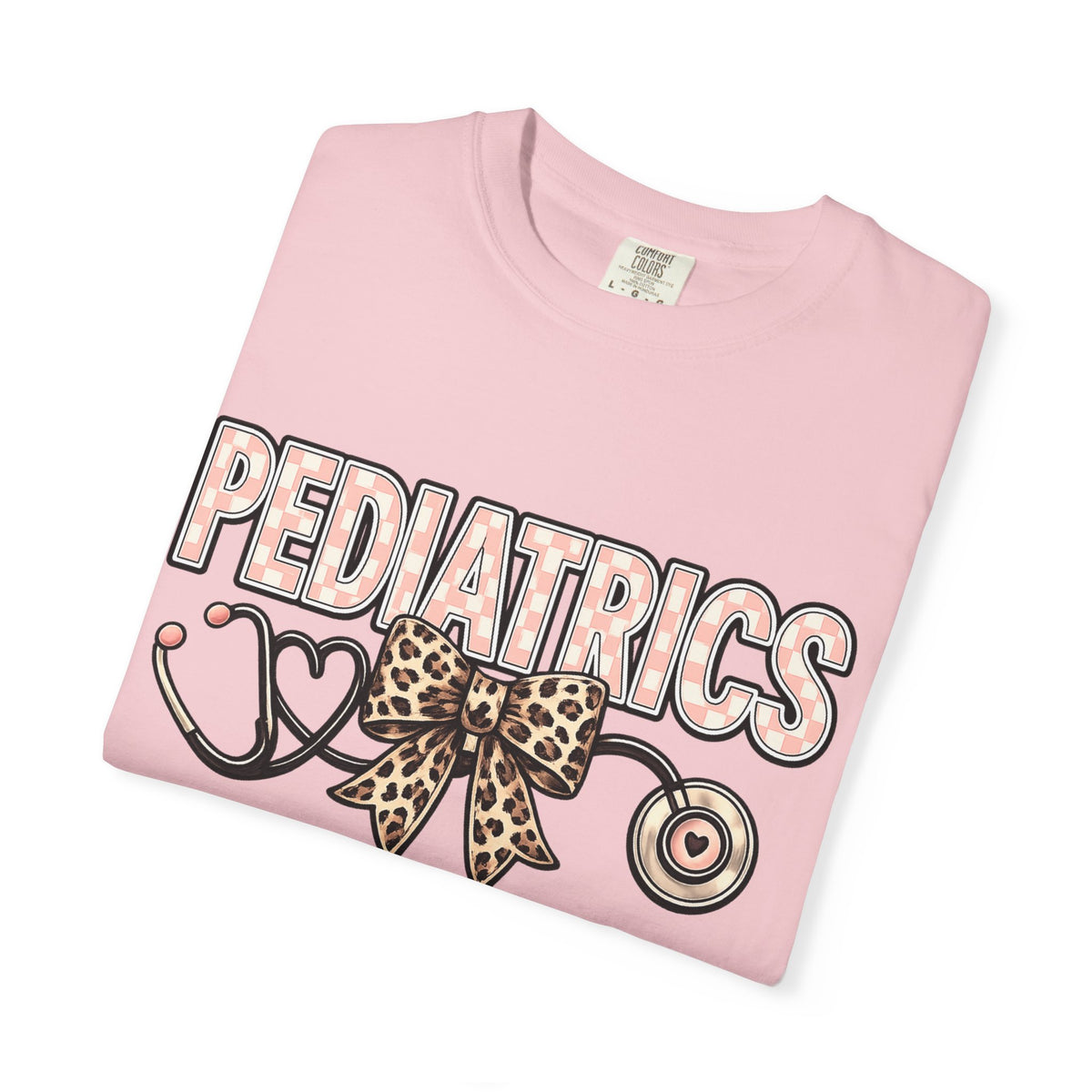 Pediatrics T-Shirt with Leopard Bow & Stethoscope — Cute Medical Tee for Pediatric Nurses/Doctors