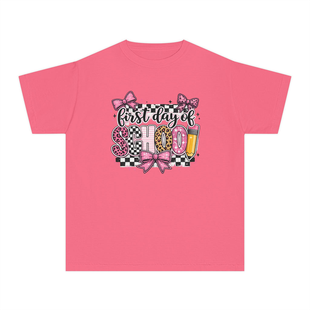 First Day of School Youth Tee — Pink Bow Checkerboard Back-to-School Shirt