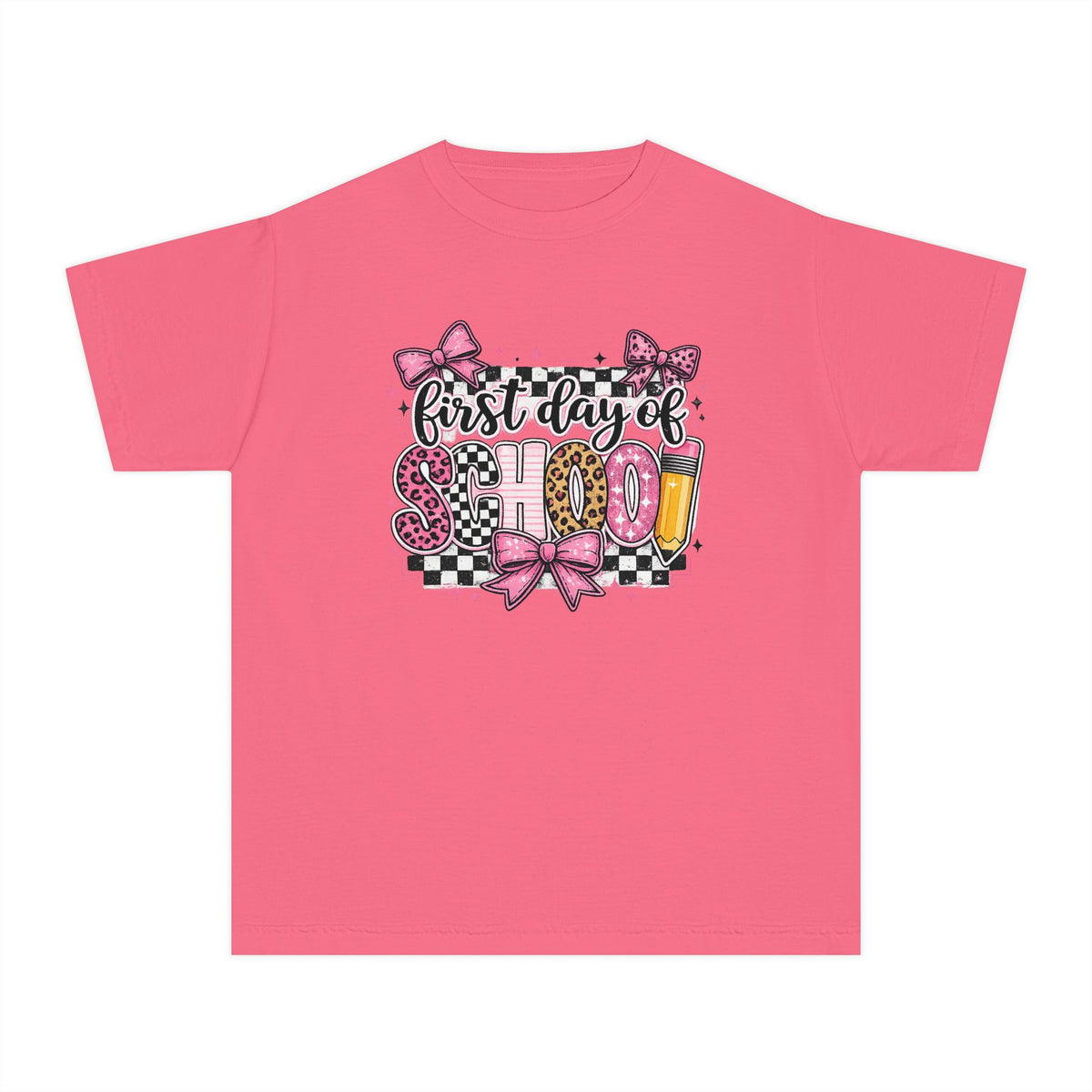 First Day of School Youth Tee — Pink Bow Checkerboard Back-to-School Shirt