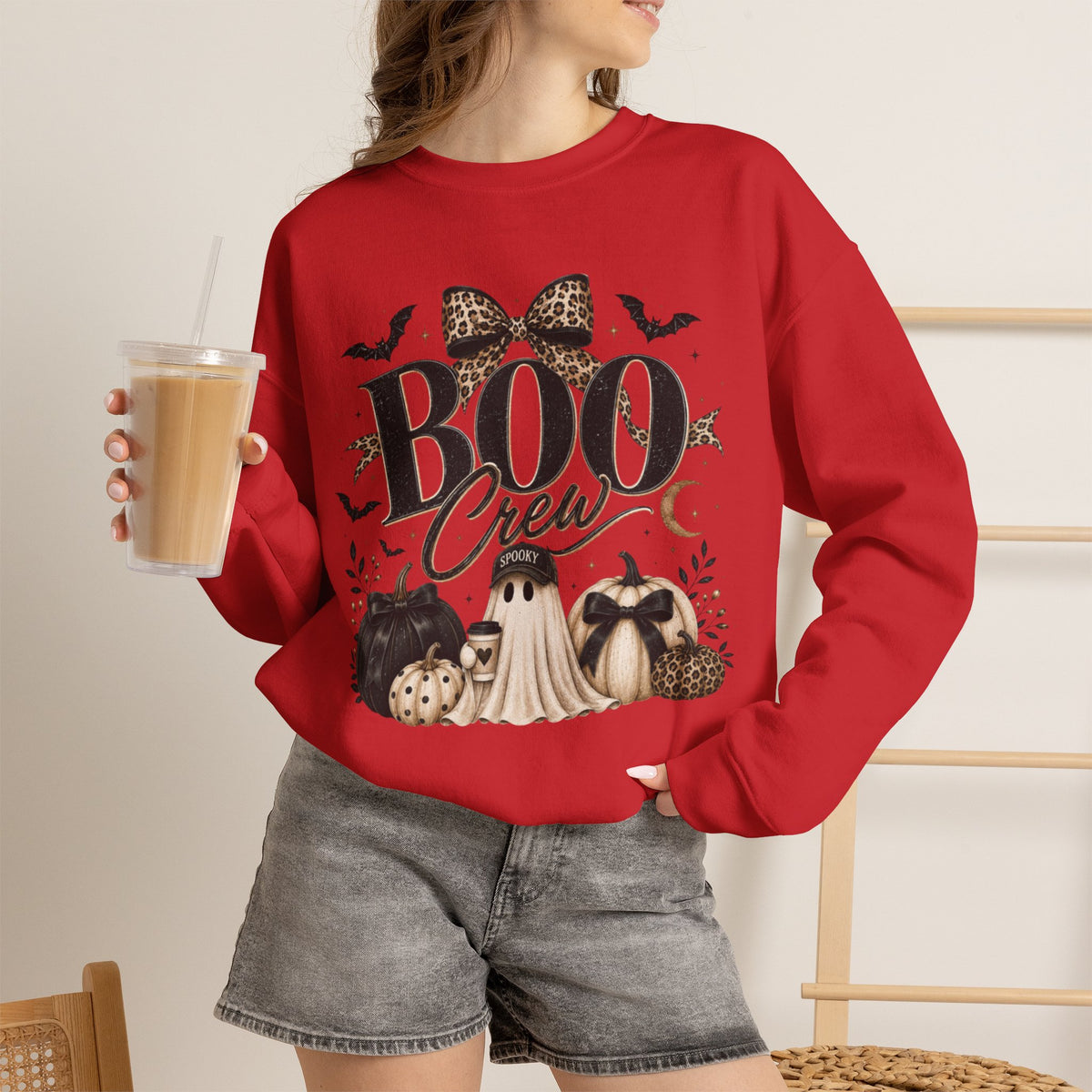 Women Boo Crew Halloween Sweatshirt — Cute Ghosts & Leopard Bow Fall Crewneck