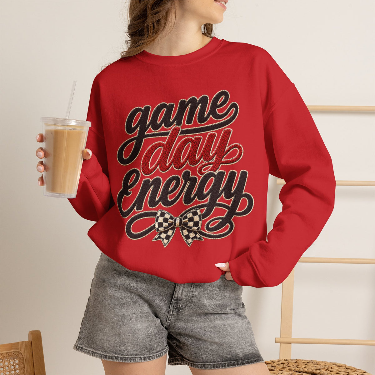 Women "Game Day Energy" Retro Script with Checkered Bow
