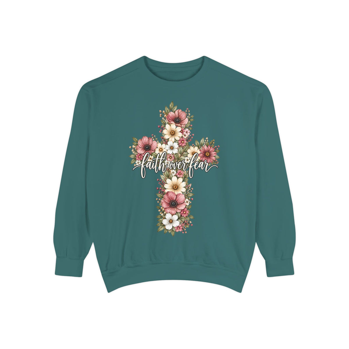 Women Comfort Colors Faith Over Fear Floral Cross Sweatshirt