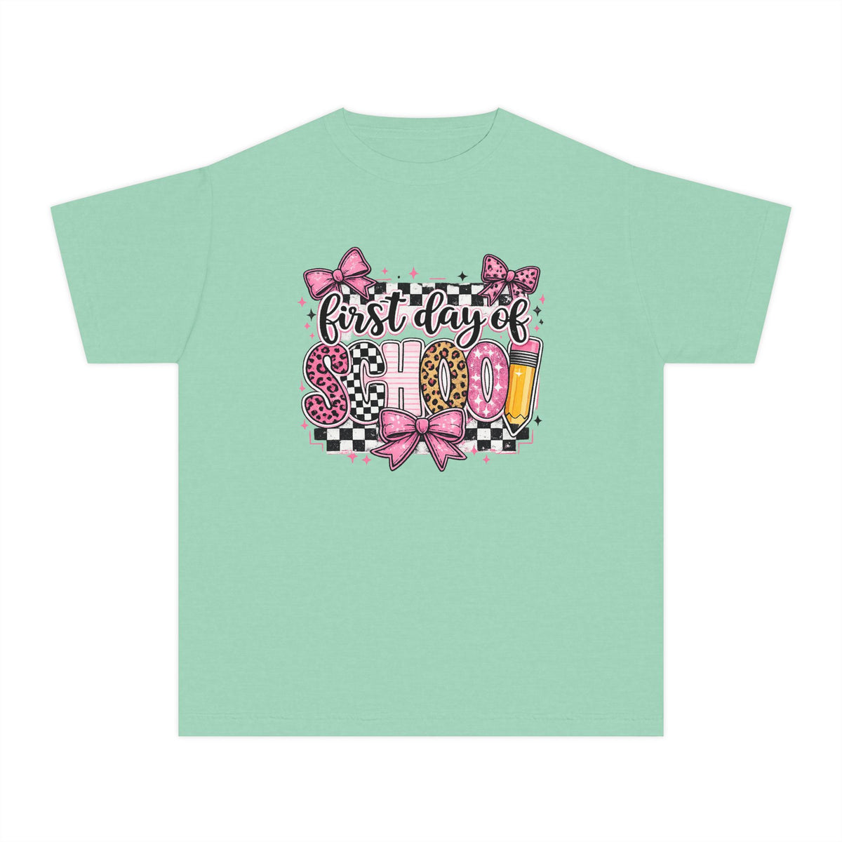 First Day of School Youth Tee — Pink Bow Checkerboard Back-to-School Shirt